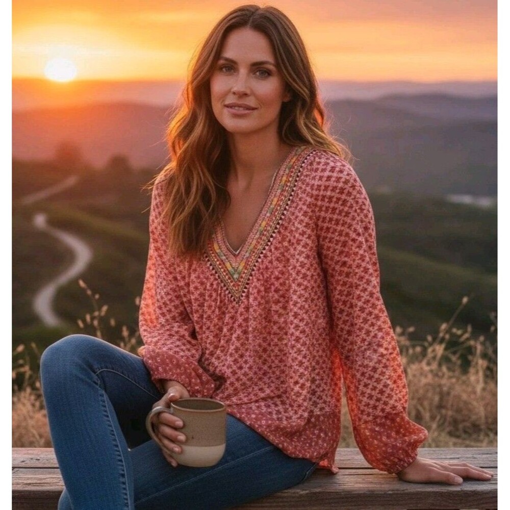 Sundance Embroidered Boho Blouse Sz S Oversized Coral Pink Print Flowy Sheer